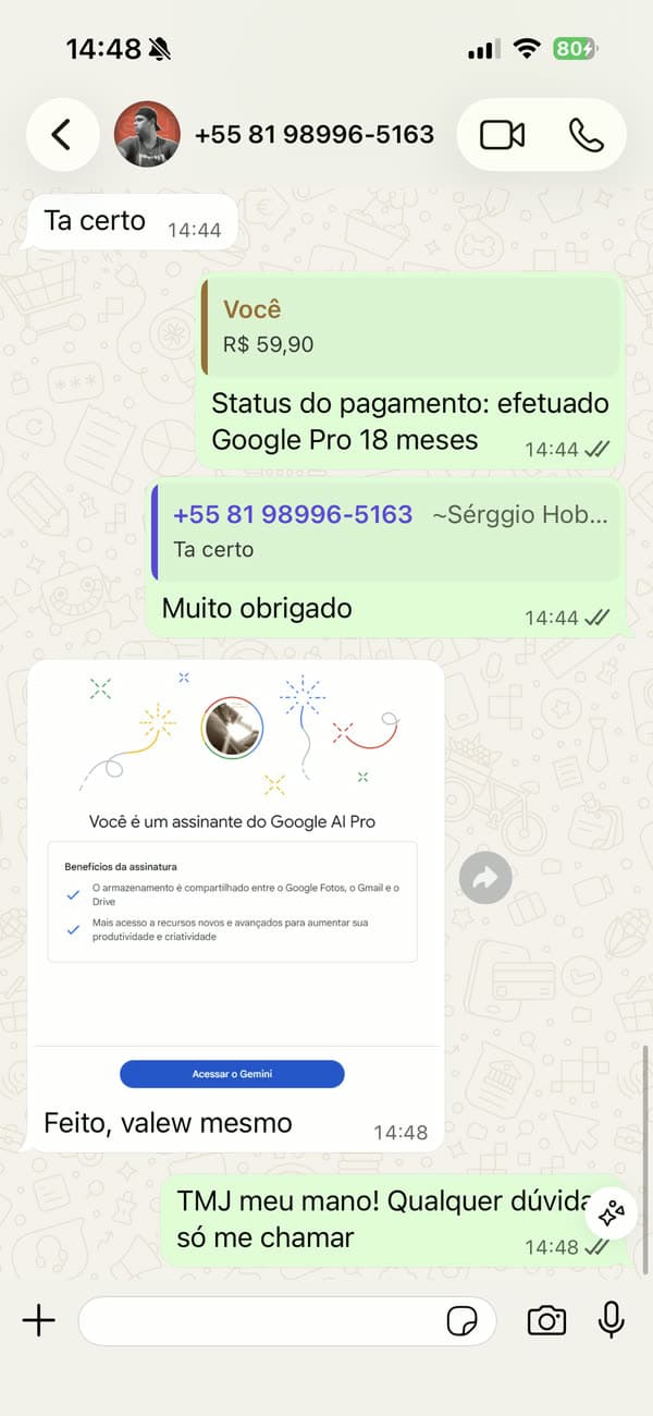 Depoimento 3: cliente mostrando a ativação concluída do Google AI Pro