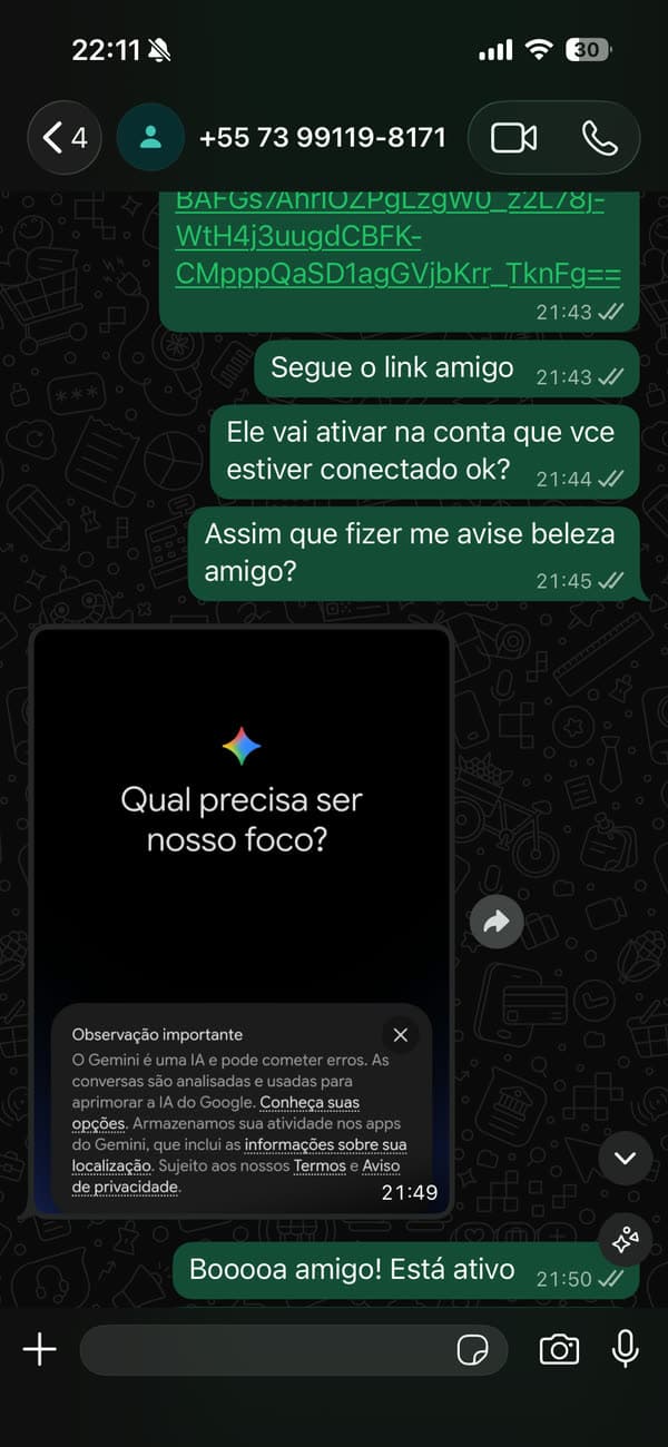Depoimento 5: cliente mostrando a ativação concluída do Google AI Pro