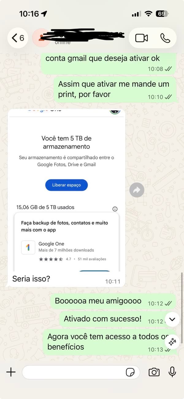 Depoimento 9: cliente mostrando a ativação concluída do Google AI Pro