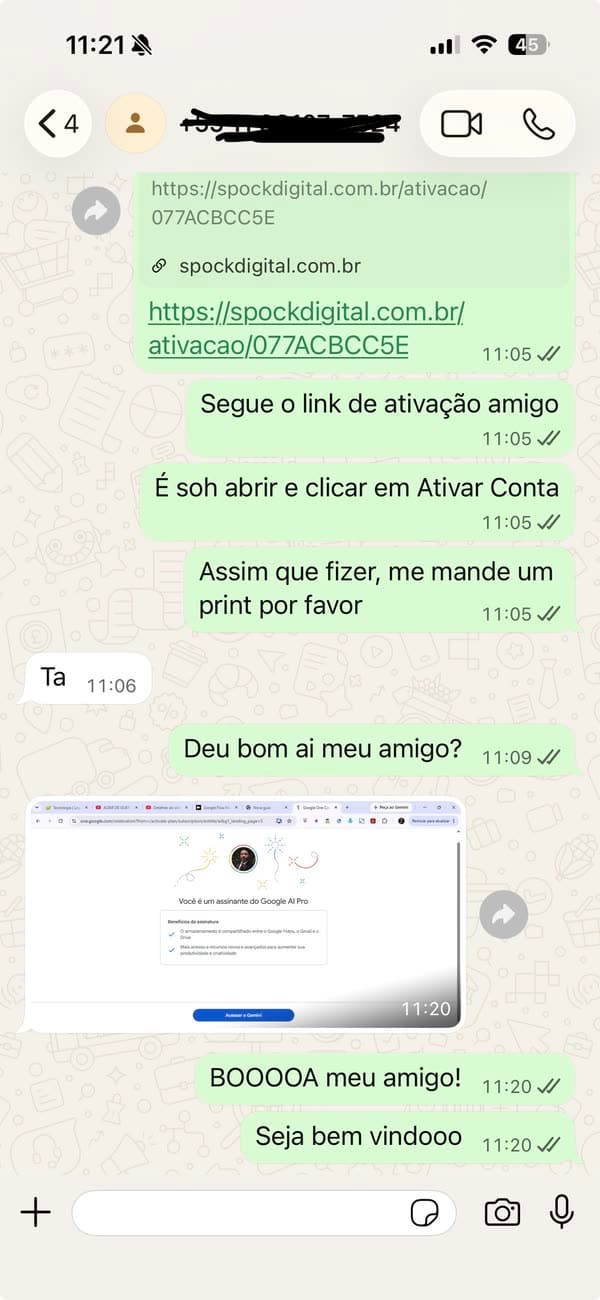 Depoimento 16: cliente mostrando a ativação concluída do Google AI Pro