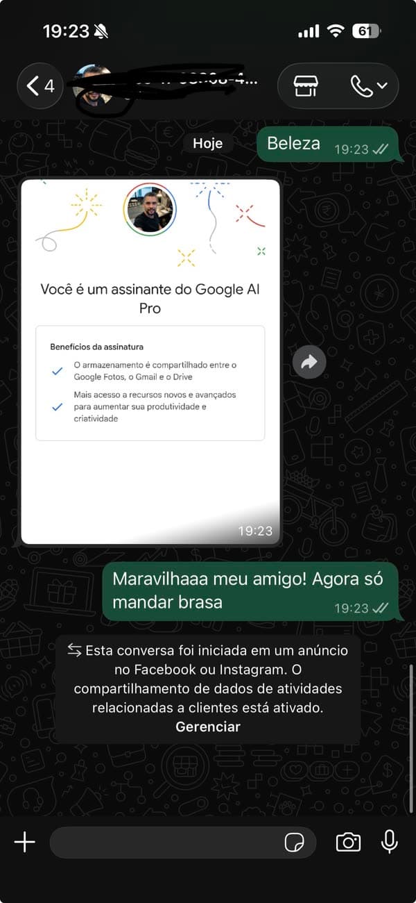 Depoimento 18: cliente mostrando a ativação concluída do Google AI Pro