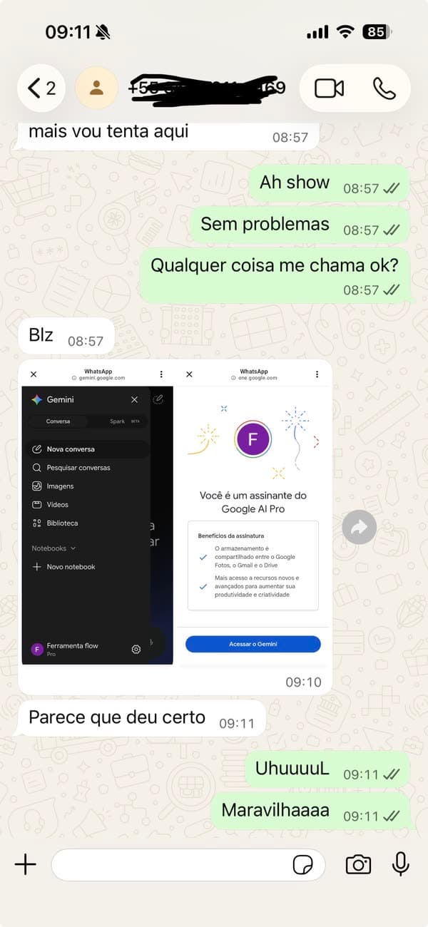 Depoimento 20: cliente mostrando a ativação concluída do Google AI Pro