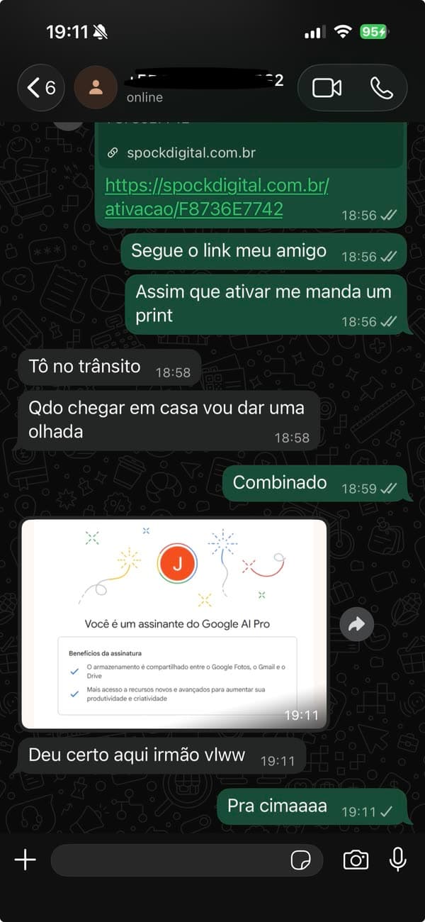 Depoimento 23: cliente mostrando a ativação concluída do Google AI Pro