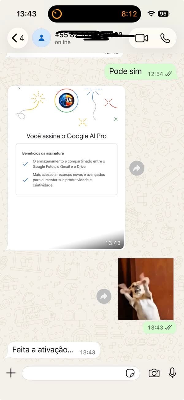 Depoimento 32: cliente mostrando a ativação concluída do Google AI Pro