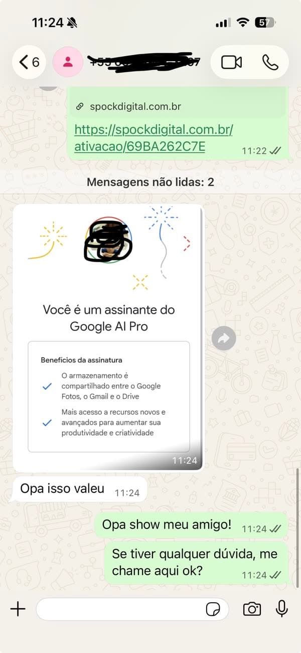 Depoimento 34: cliente mostrando a ativação concluída do Google AI Pro