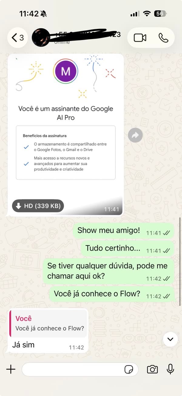 Depoimento 35: cliente mostrando a ativação concluída do Google AI Pro