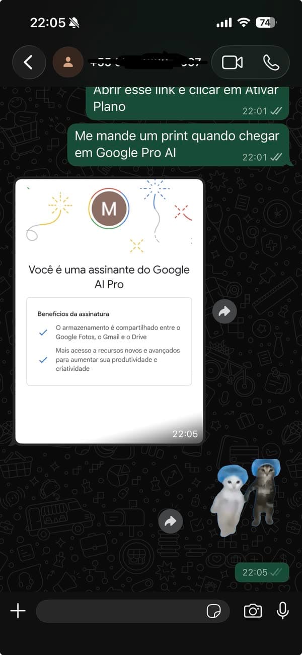 Depoimento 38: cliente mostrando a ativação concluída do Google AI Pro