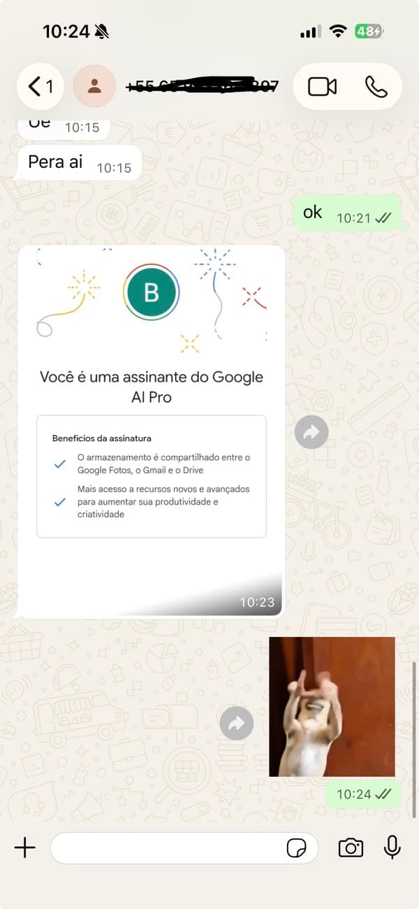 Depoimento 39: cliente mostrando a ativação concluída do Google AI Pro