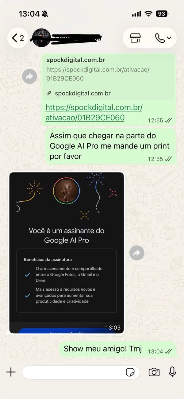 Depoimento 40: cliente mostrando a ativação concluída do Google AI Pro